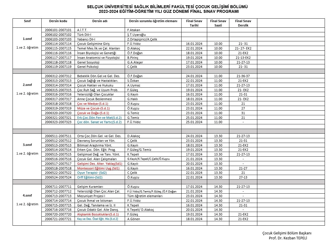 2023-2024 Güz Dönemi Final Sınavı Tarihleri